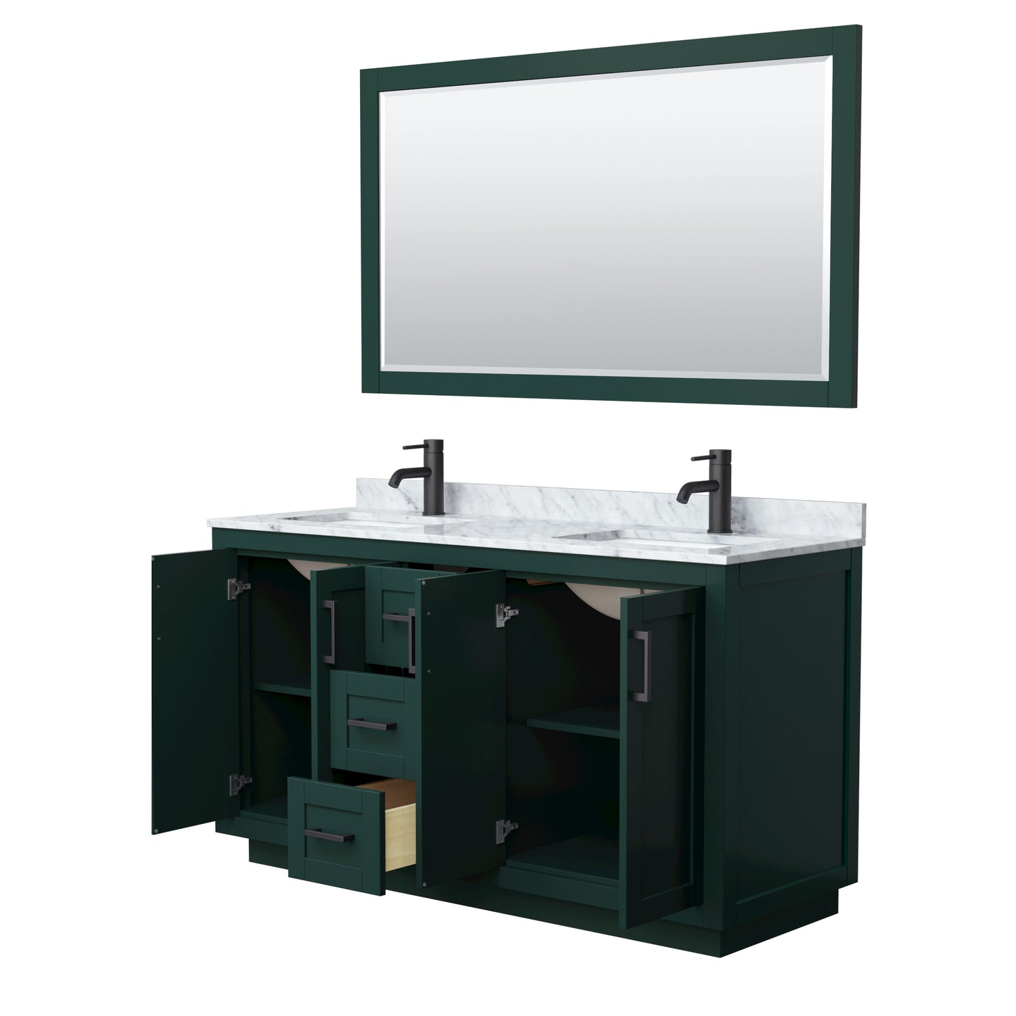 Wyndham Miranda 60 Inch Double Bathroom Vanity in Green with White Carrara Marble Countertop Undermount Square Sinks and Trim - Luxe Bathroom Vanities