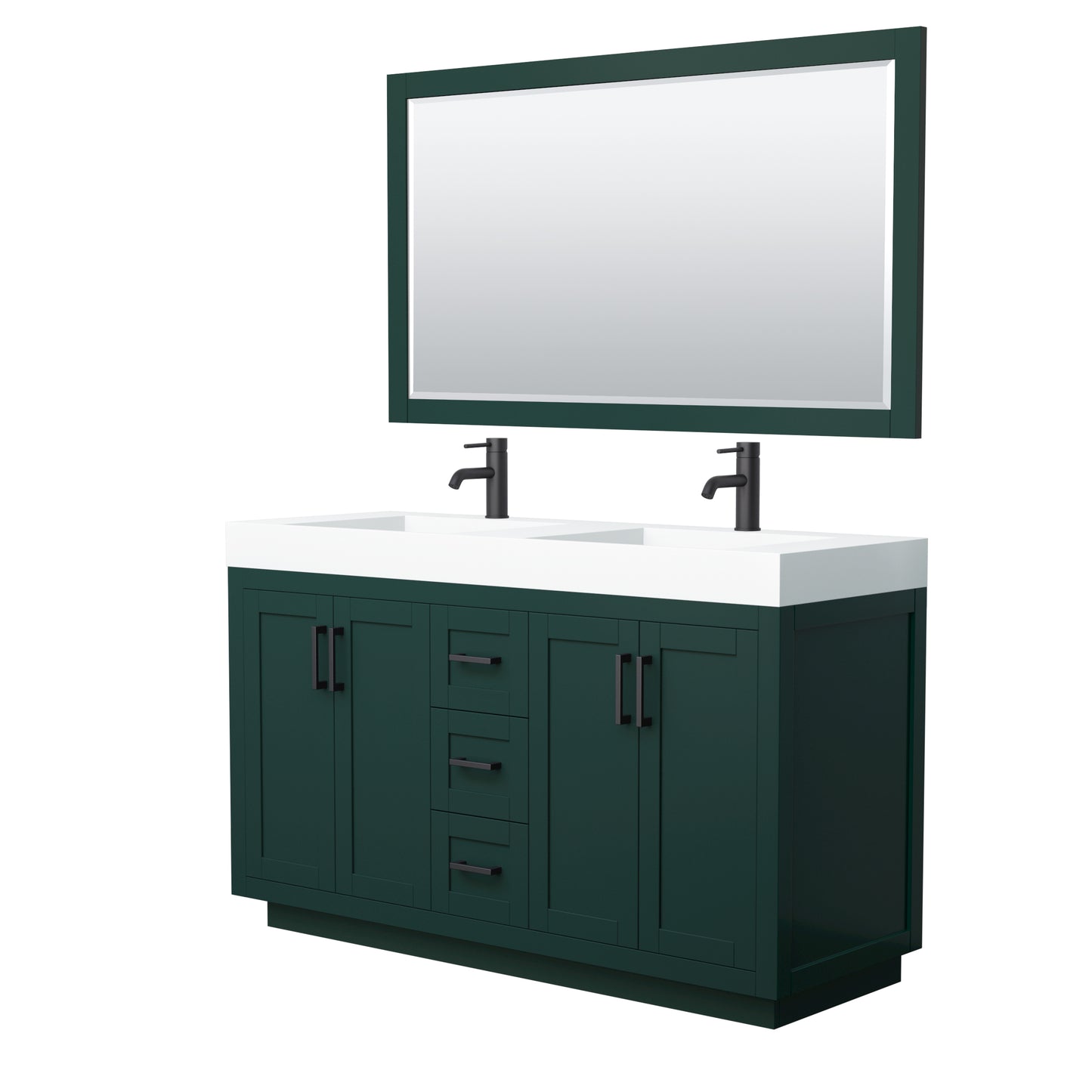 Wyndham Miranda 60 Inch Double Bathroom Vanity in Green with 4 Inch Thick Matte White Solid Surface Integrated Countertop Sinks and Trim - Luxe Bathroom Vanities