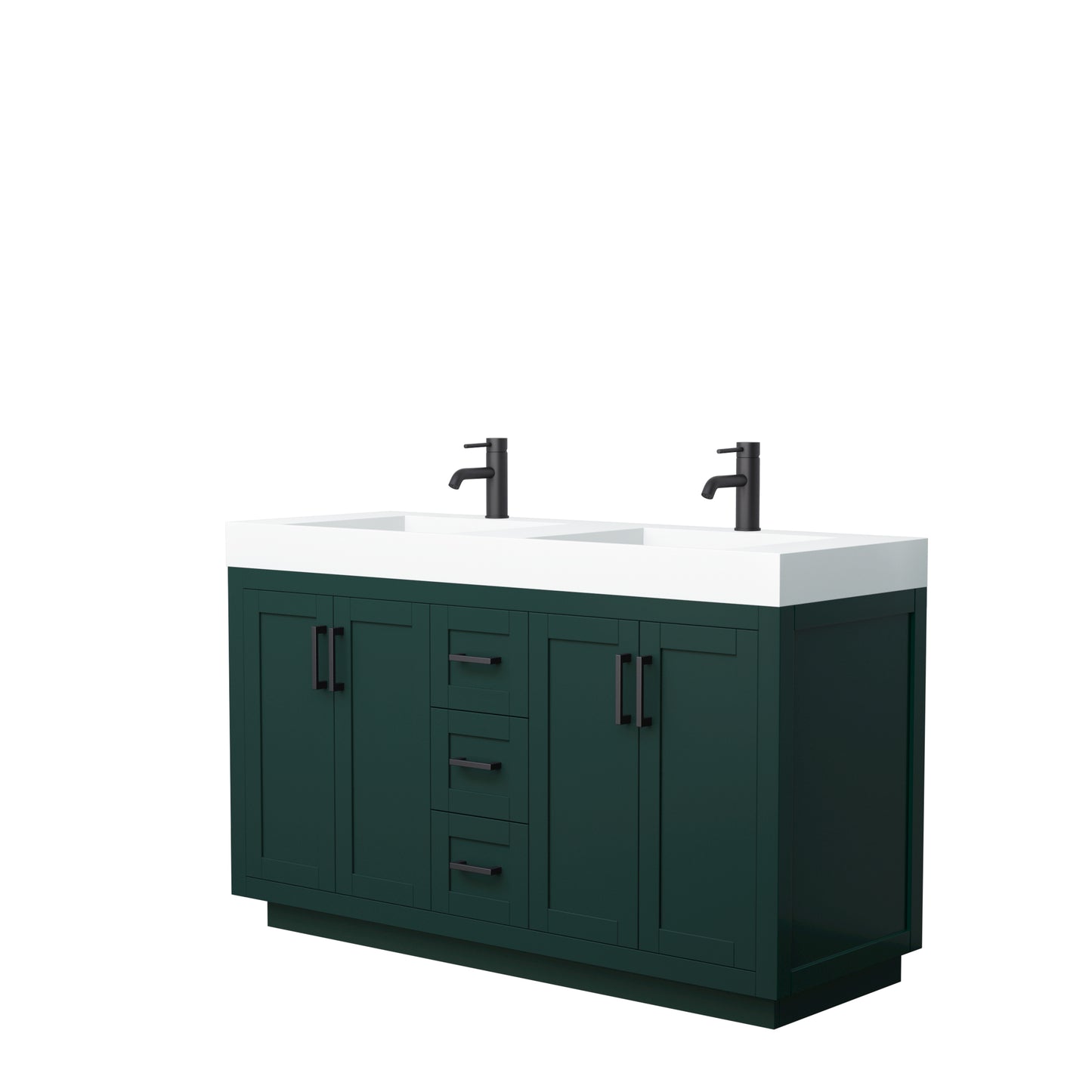 Wyndham Miranda 60 Inch Double Bathroom Vanity in Green with 4 Inch Thick Matte White Solid Surface Integrated Countertop Sinks and Trim - Luxe Bathroom Vanities