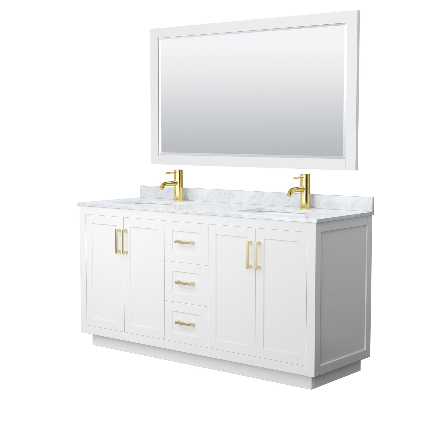 Wyndham Miranda 66 Inch Double Bathroom Vanity in White Carrara Marble Countertop with Undermount Square Sinks and Trim - Luxe Bathroom Vanities