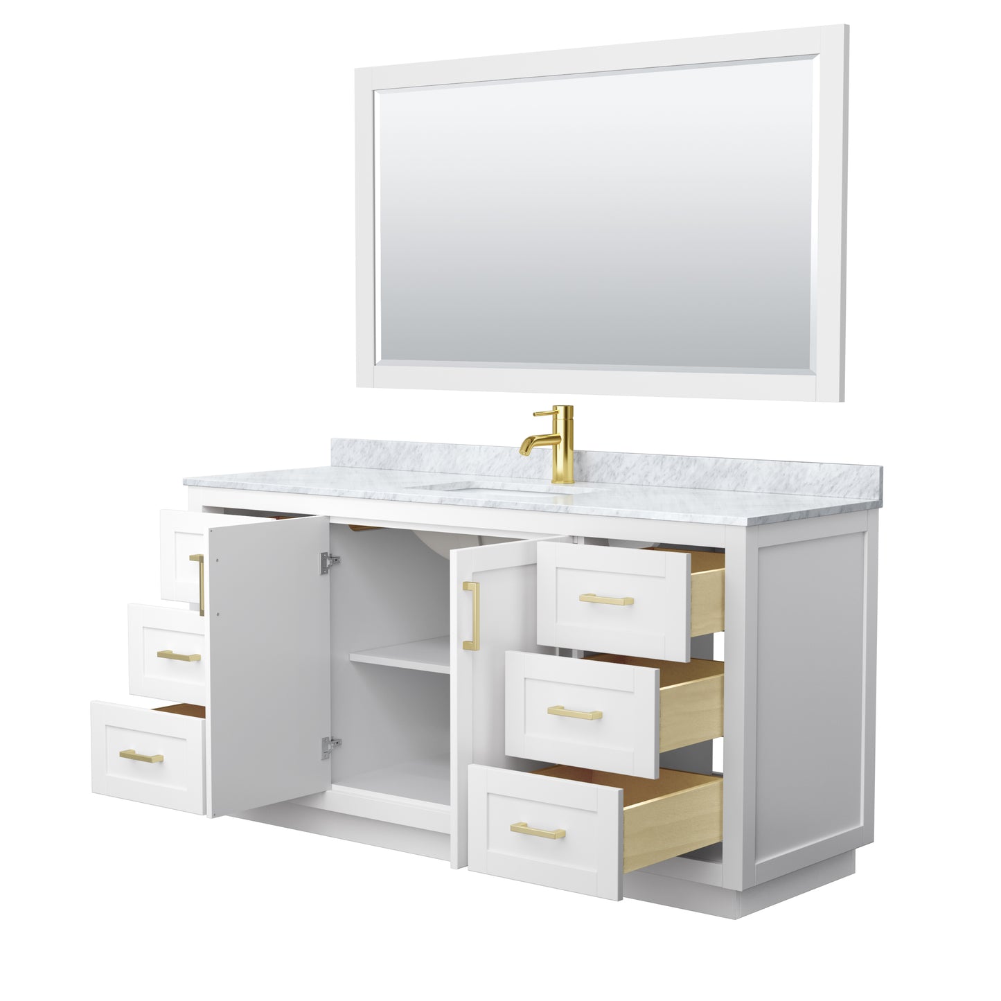 Wyndham Miranda 66 Inch Single Bathroom Vanity in White Carrara Marble Countertop with Undermount Square Sink and Trim - Luxe Bathroom Vanities