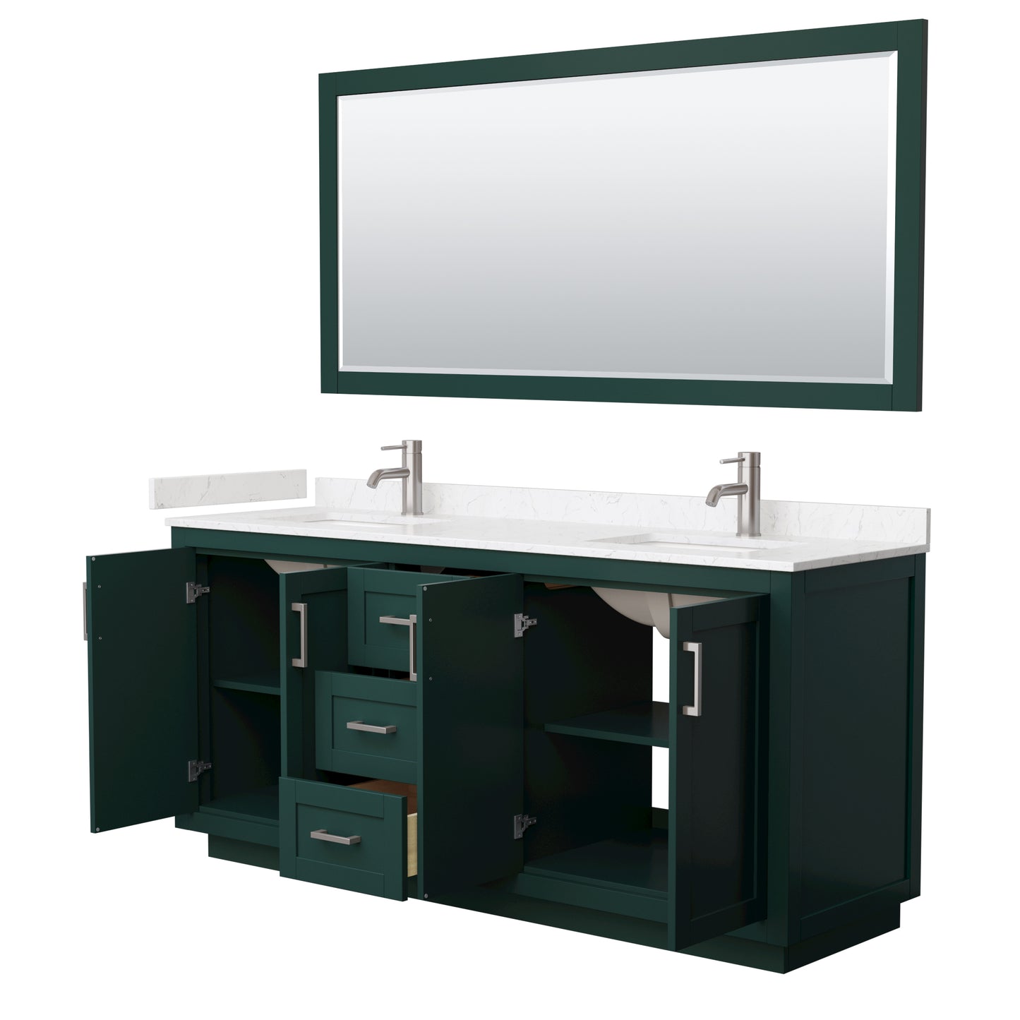 Wyndham Miranda 72 Inch Double Bathroom Vanity in Green with Light-Vein Carrara Cultured Marble Countertop Undermount Square Sinks and Trim - Luxe Bathroom Vanities