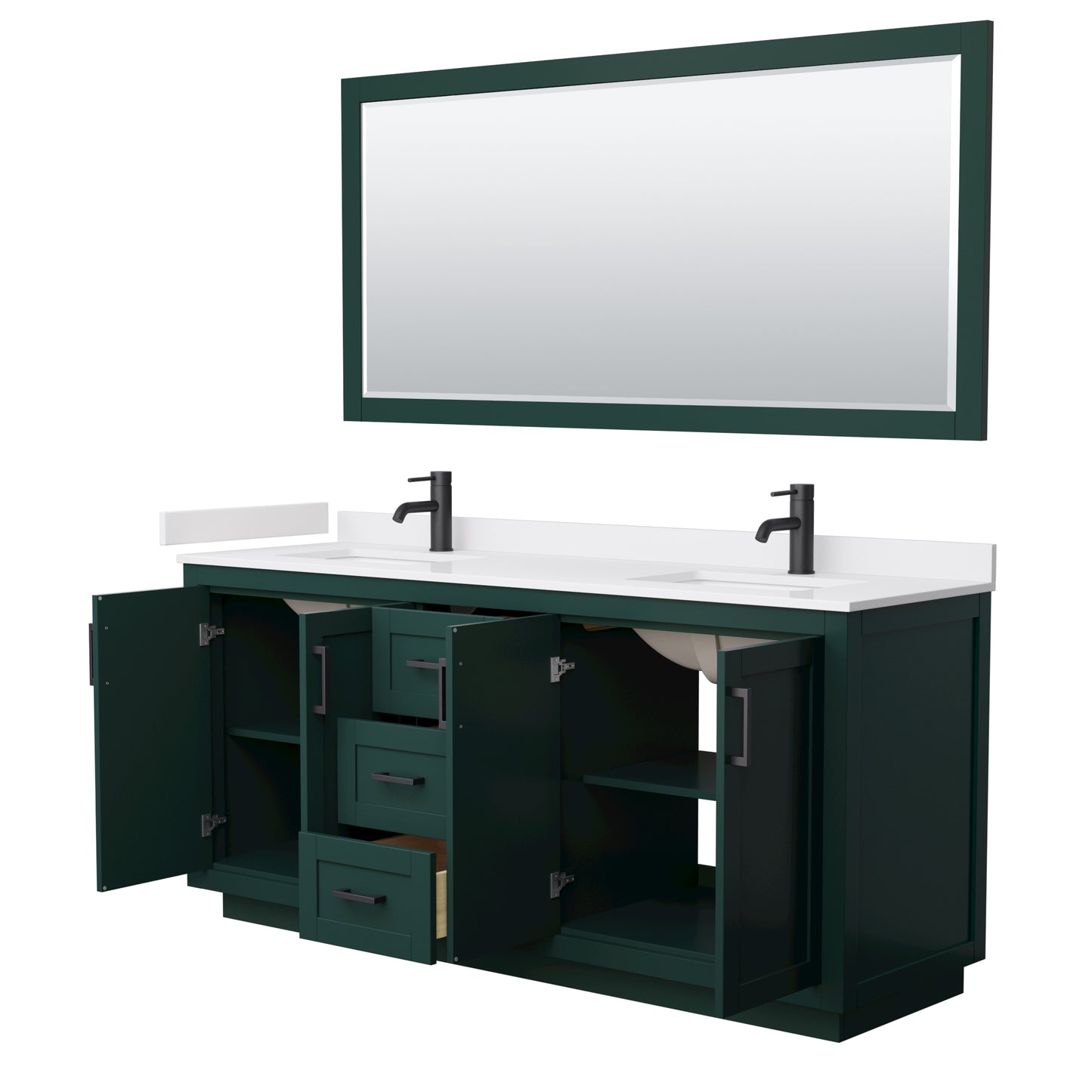 Wyndham Miranda 72 Inch Double Bathroom Vanity in Green with White Cultured Marble Countertop Undermount Square Sinks and Trim - Luxe Bathroom Vanities