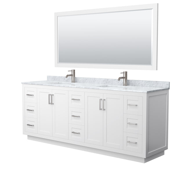 Wyndham Miranda 84 Inch Double Bathroom Vanity in White Carrara Marble Countertop with Undermount Square Sinks and Trim - Luxe Bathroom Vanities