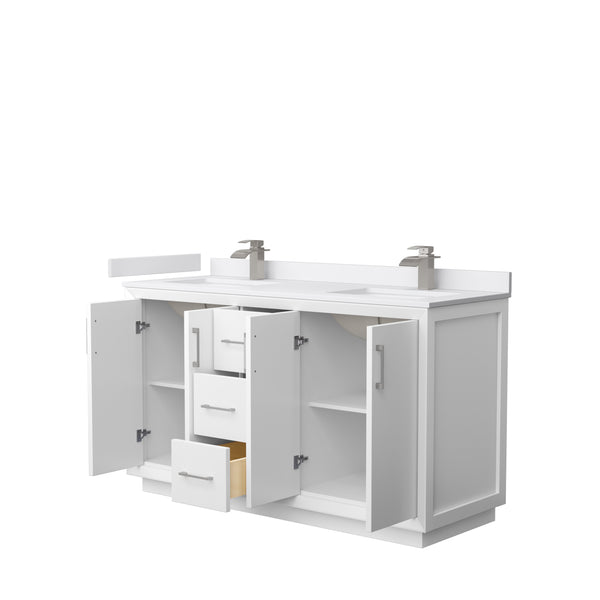 Wyndham Strada 60 Inch Double Bathroom Vanity White Cultured Marble Countertop Undermount Square Sink - Luxe Bathroom Vanities