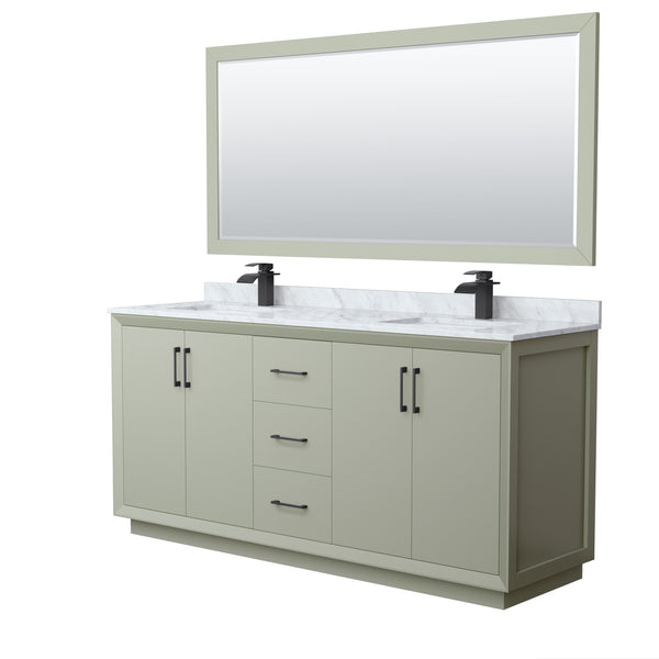 Wyndham Strada 72 Inch Double Bathroom Vanity White Carrara Marble Countertop, Undermount Square Sink 70 Inch Mirror - Luxe Bathroom Vanities