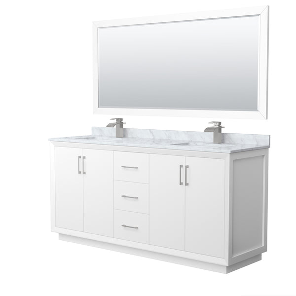 Wyndham Strada 72 Inch Double Bathroom Vanity White Carrara Marble Countertop, Undermount Square Sink 70 Inch Mirror - Luxe Bathroom Vanities