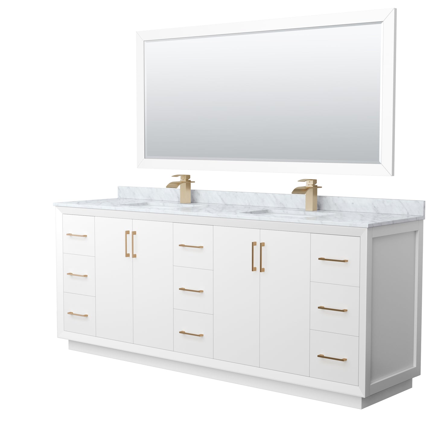 Wyndham Strada 84 Inch Double Bathroom Vanity White Carrara Marble Countertop Undermount Square Sink 70 Inch Mirror - Luxe Bathroom Vanities
