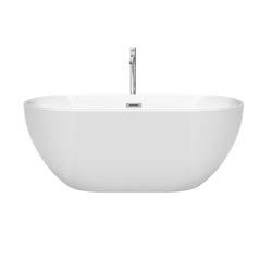 Wyndham Collection Brooklyn 60 Inch Freestanding Bathtub in White with Floor Mounted Faucet, Drain and Overflow Trim - Luxe Bathroom Vanities