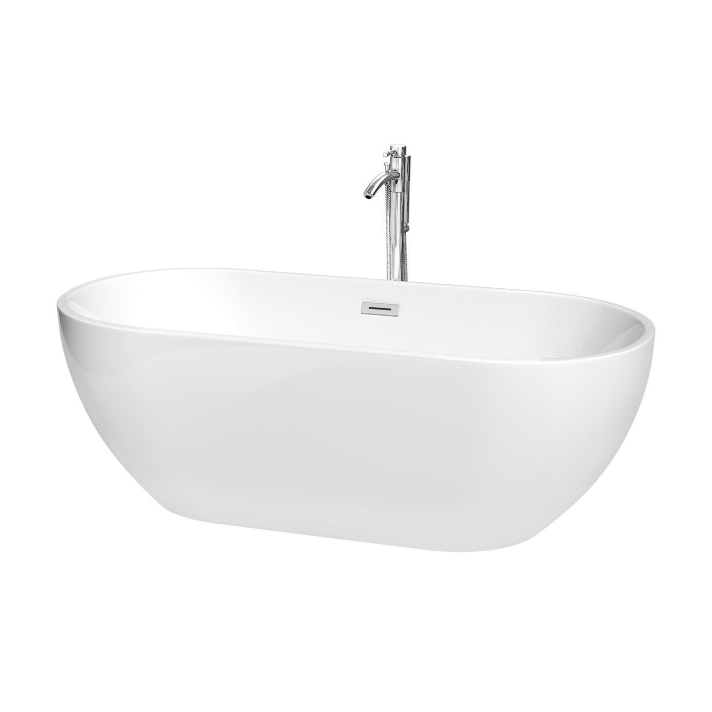 Wyndham Collection Brooklyn 67 Inch Freestanding Bathtub in White with Floor Mounted Faucet, Drain and Overflow Trim - Luxe Bathroom Vanities