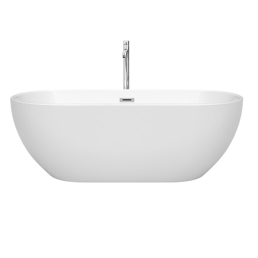 Wyndham Collection Brooklyn 67 Inch Freestanding Bathtub in White with Floor Mounted Faucet, Drain and Overflow Trim - Luxe Bathroom Vanities