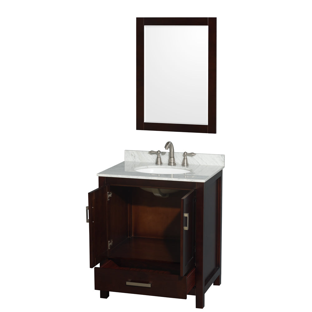30 inch Single Bathroom Vanity in Espresso, White Carrara Marble Countertop, Undermount Oval Sink, and 24 inch Mirror - Luxe Bathroom Vanities Luxury Bathroom Fixtures Bathroom Furniture