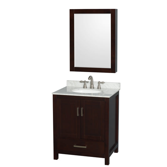 30 inch Single Bathroom Vanity in Espresso, White Carrara Marble Countertop, Undermount Oval Sink, and Medicine Cabinet - Luxe Bathroom Vanities Luxury Bathroom Fixtures Bathroom Furniture