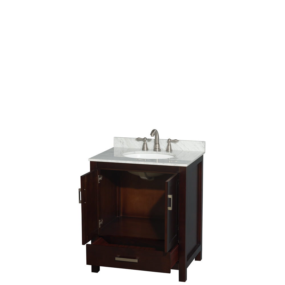 30 inch Single Bathroom Vanity in Espresso, White Carrara Marble Countertop, Undermount Oval Sink, and No Mirror - Luxe Bathroom Vanities Luxury Bathroom Fixtures Bathroom Furniture