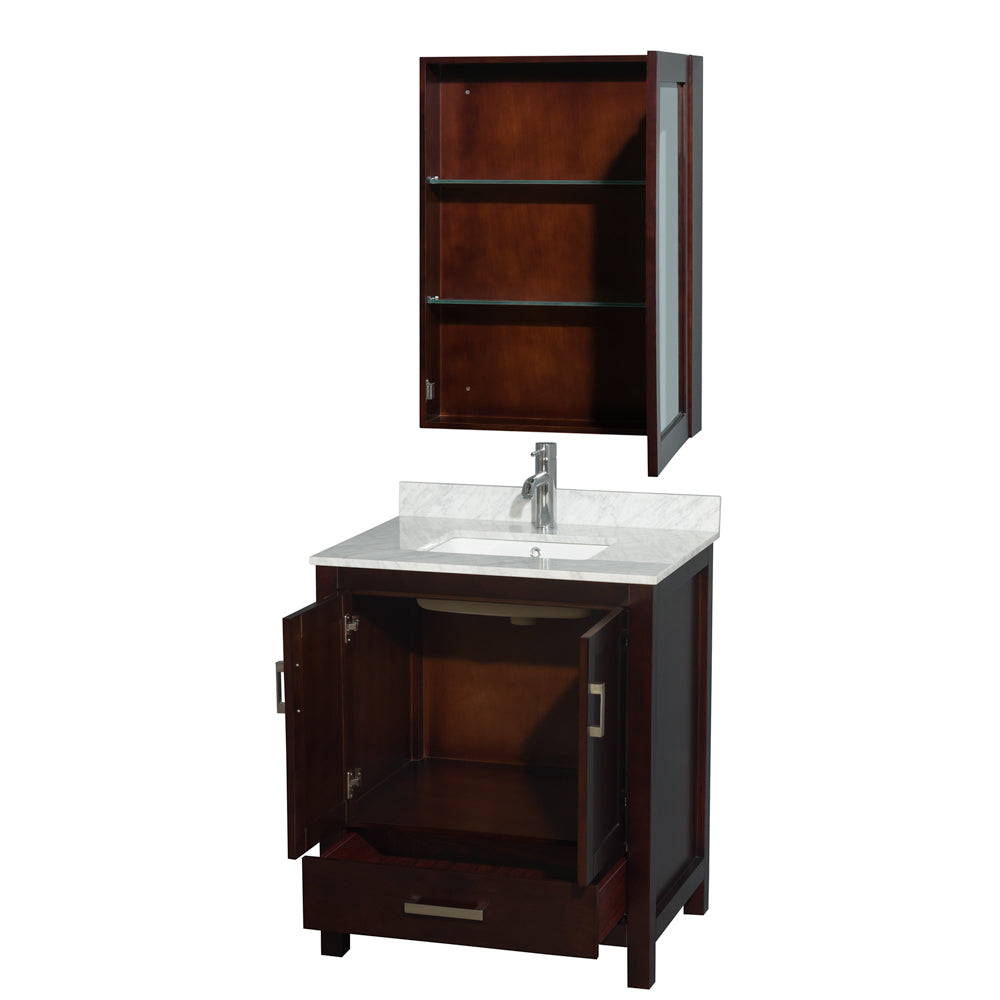 30 inch Single Bathroom Vanity in Espresso, White Carrara Marble Countertop, Undermount Square Sink, and Medicine Cabinet - Luxe Bathroom Vanities Luxury Bathroom Fixtures Bathroom Furniture