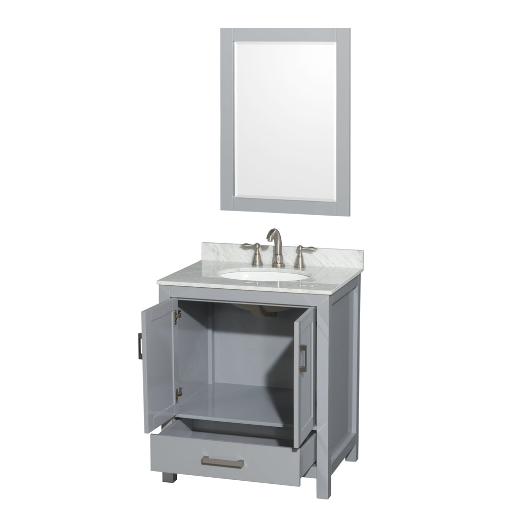 30 inch Single Bathroom Vanity in Gray, White Carrara Marble Countertop, Undermount Oval Sink, and 24 inch Mirror - Luxe Bathroom Vanities Luxury Bathroom Fixtures Bathroom Furniture