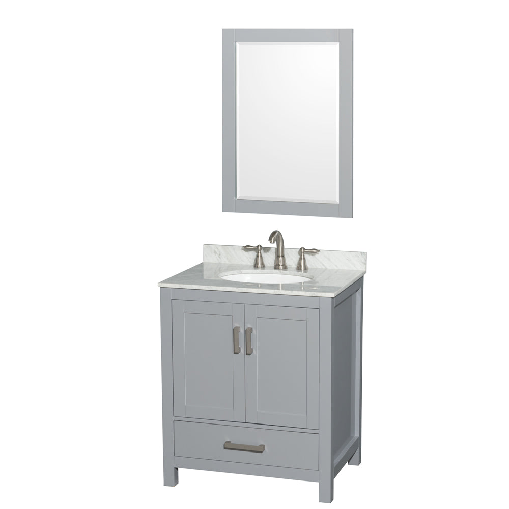 30 inch Single Bathroom Vanity in Gray, White Carrara Marble Countertop, Undermount Oval Sink, and 24 inch Mirror - Luxe Bathroom Vanities Luxury Bathroom Fixtures Bathroom Furniture