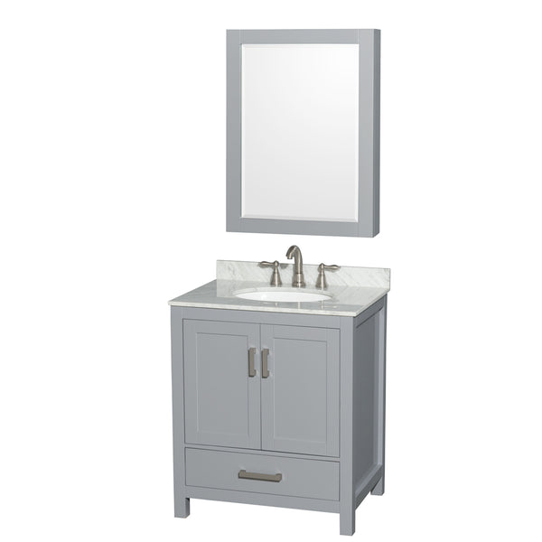 30 inch Single Bathroom Vanity in Gray, White Carrara Marble Countertop, Undermount Oval Sink, and Medicine Cabinet - Luxe Bathroom Vanities Luxury Bathroom Fixtures Bathroom Furniture