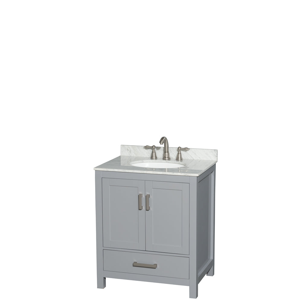30 inch Single Bathroom Vanity in Gray, White Carrara Marble Countertop, Undermount Oval Sink, and No Mirror - Luxe Bathroom Vanities Luxury Bathroom Fixtures Bathroom Furniture