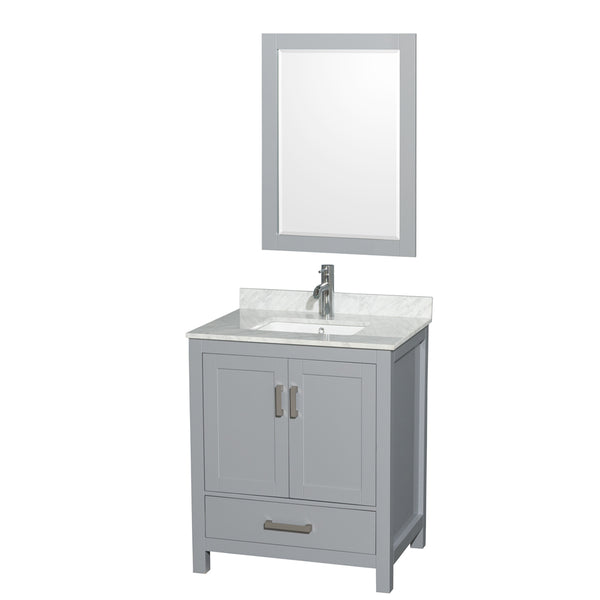 30 inch Single Bathroom Vanity in Gray, White Carrara Marble Countertop, Undermount Square Sink, and 24 inch Mirror - Luxe Bathroom Vanities Luxury Bathroom Fixtures Bathroom Furniture