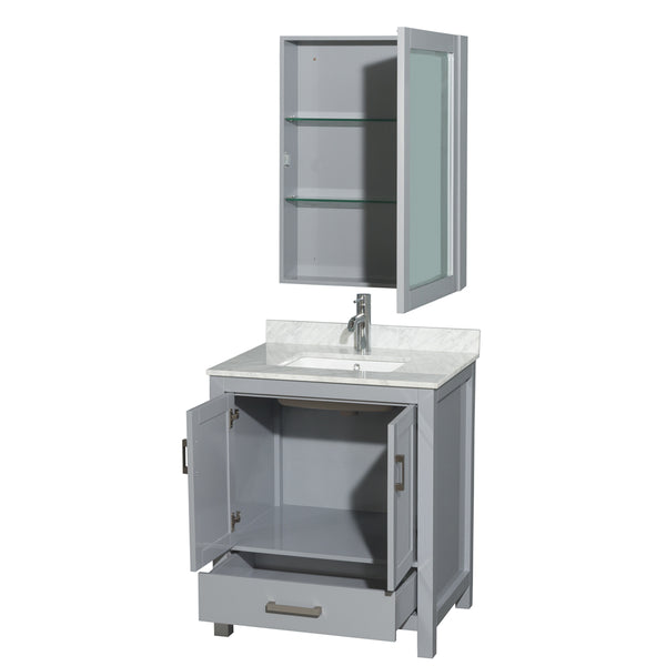 30 inch Single Bathroom Vanity in Gray, White Carrara Marble Countertop, Undermount Square Sink, and Medicine Cabinet - Luxe Bathroom Vanities Luxury Bathroom Fixtures Bathroom Furniture