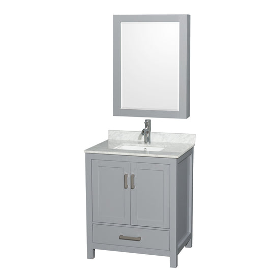 30 inch Single Bathroom Vanity in Gray, White Carrara Marble Countertop, Undermount Square Sink, and Medicine Cabinet - Luxe Bathroom Vanities Luxury Bathroom Fixtures Bathroom Furniture