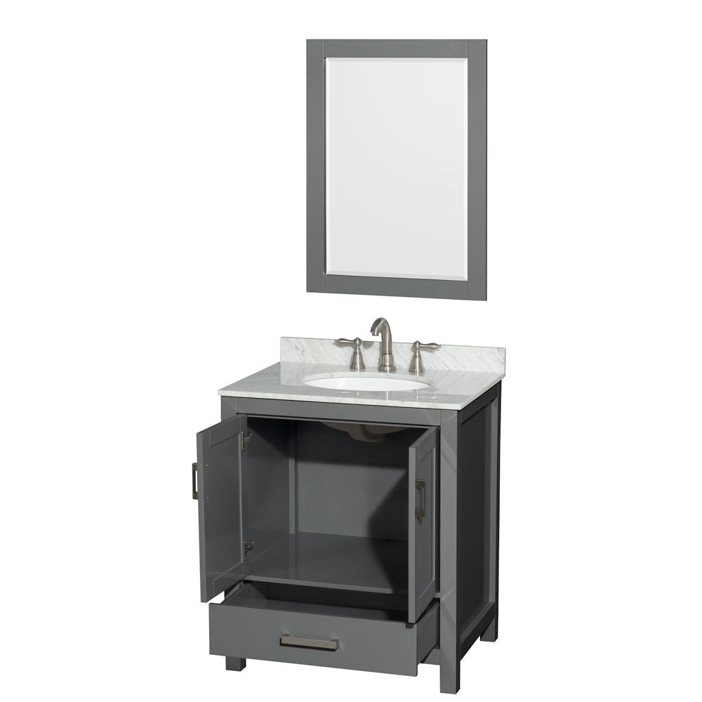 30 inch Single Bathroom Vanity in Dark Gray, White Carrara Marble Countertop, Undermount Oval Sink, and 24 inch Mirror - Luxe Bathroom Vanities Luxury Bathroom Fixtures Bathroom Furniture