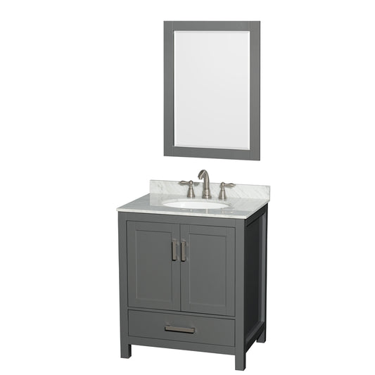 30 inch Single Bathroom Vanity in Dark Gray, White Carrara Marble Countertop, Undermount Oval Sink, and 24 inch Mirror - Luxe Bathroom Vanities Luxury Bathroom Fixtures Bathroom Furniture