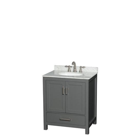 30 inch Single Bathroom Vanity in Dark Gray, White Carrara Marble Countertop, Undermount Oval Sink, and No Mirror - Luxe Bathroom Vanities Luxury Bathroom Fixtures Bathroom Furniture