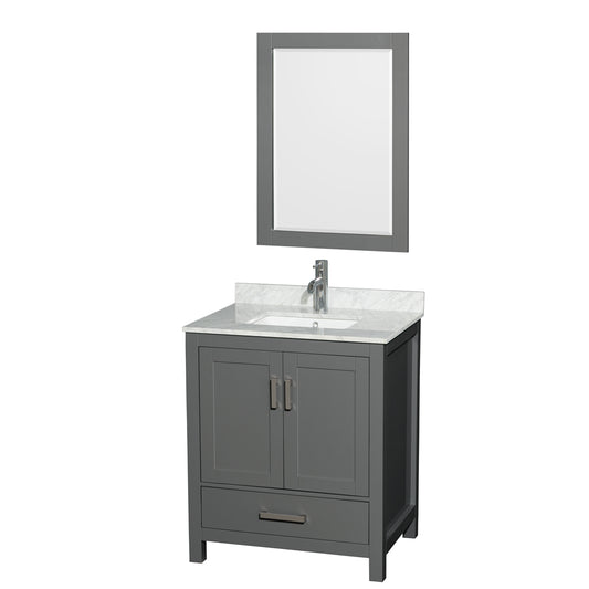 30 inch Single Bathroom Vanity in Dark Gray, White Carrara Marble Countertop, Undermount Square Sink, and 24 inch Mirror - Luxe Bathroom Vanities Luxury Bathroom Fixtures Bathroom Furniture
