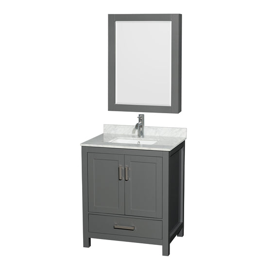 30 inch Single Bathroom Vanity in Dark Gray, White Carrara Marble Countertop, Undermount Square Sink, and Medicine Cabinet - Luxe Bathroom Vanities Luxury Bathroom Fixtures Bathroom Furniture
