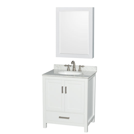30 inch Single Bathroom Vanity in White, White Carrara Marble Countertop, Undermount Oval Sink, and Medicine Cabinet - Luxe Bathroom Vanities Luxury Bathroom Fixtures Bathroom Furniture