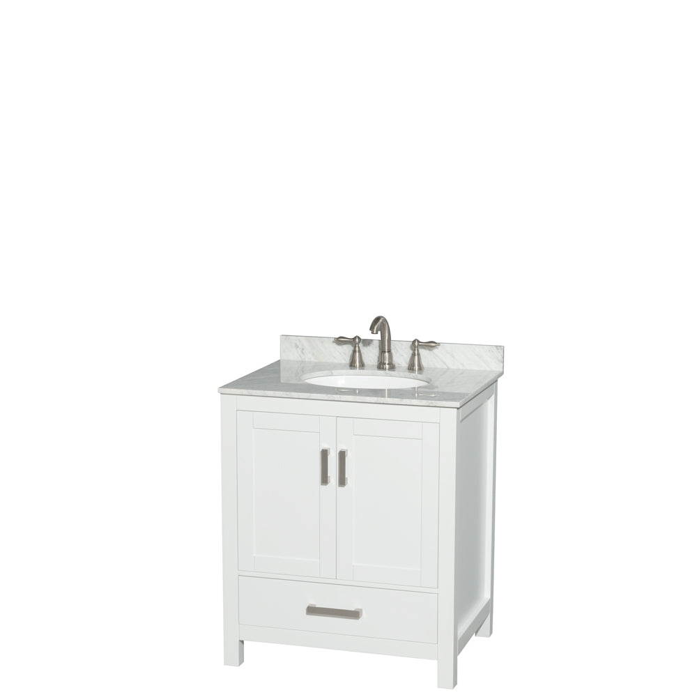 30 inch Single Bathroom Vanity in White, White Carrara Marble Countertop, Undermount Oval Sink, and No Mirror - Luxe Bathroom Vanities Luxury Bathroom Fixtures Bathroom Furniture