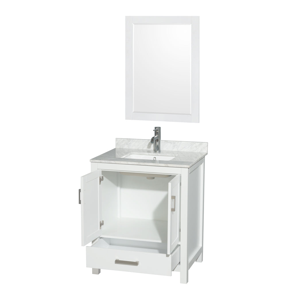 30 inch Single Bathroom Vanity in White, White Carrara Marble Countertop, Undermount Square Sink, and 24 inch Mirror - Luxe Bathroom Vanities Luxury Bathroom Fixtures Bathroom Furniture