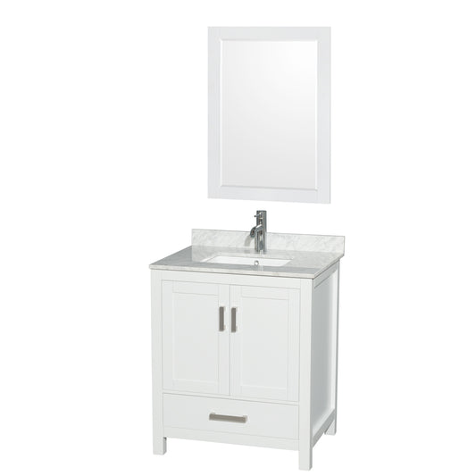 30 inch Single Bathroom Vanity in White, White Carrara Marble Countertop, Undermount Square Sink, and 24 inch Mirror - Luxe Bathroom Vanities Luxury Bathroom Fixtures Bathroom Furniture