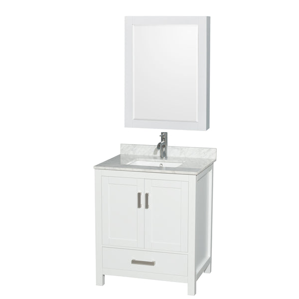 30 inch Single Bathroom Vanity in White, White Carrara Marble Countertop, Undermount Square Sink, and Medicine Cabinet - Luxe Bathroom Vanities Luxury Bathroom Fixtures Bathroom Furniture