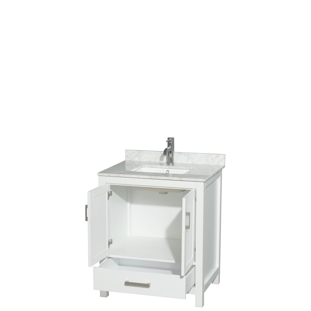 30 inch Single Bathroom Vanity in White, White Carrara Marble Countertop, Undermount Square Sink, and No Mirror - Luxe Bathroom Vanities Luxury Bathroom Fixtures Bathroom Furniture