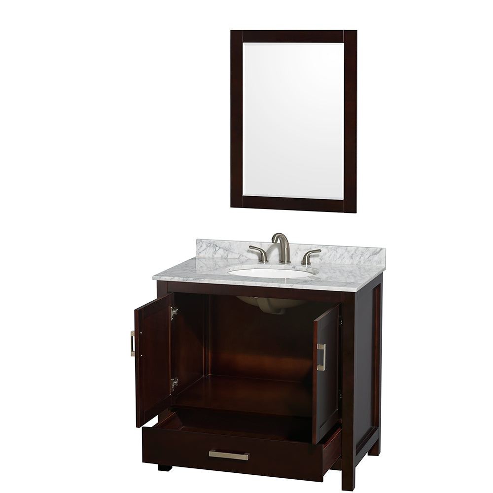 36 inch Single Bathroom Vanity in Espresso, White Carrara Marble Countertop, Undermount Oval Sink, and 24 inch Mirror - Luxe Bathroom Vanities Luxury Bathroom Fixtures Bathroom Furniture