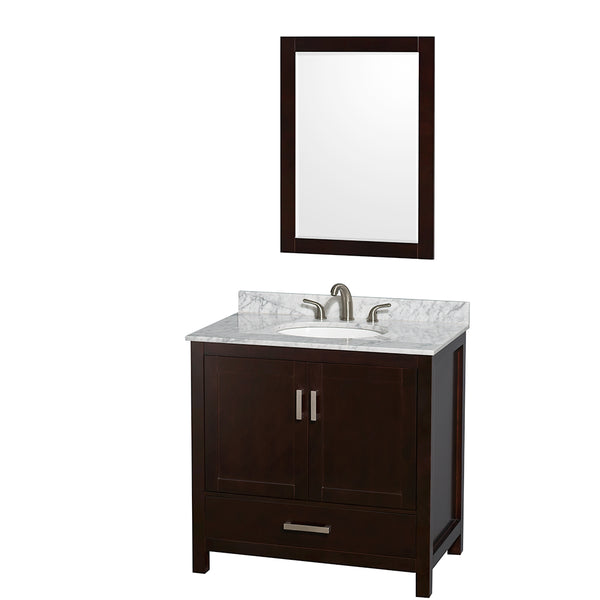 36 inch Single Bathroom Vanity in Espresso, White Carrara Marble Countertop, Undermount Oval Sink, and 24 inch Mirror - Luxe Bathroom Vanities Luxury Bathroom Fixtures Bathroom Furniture