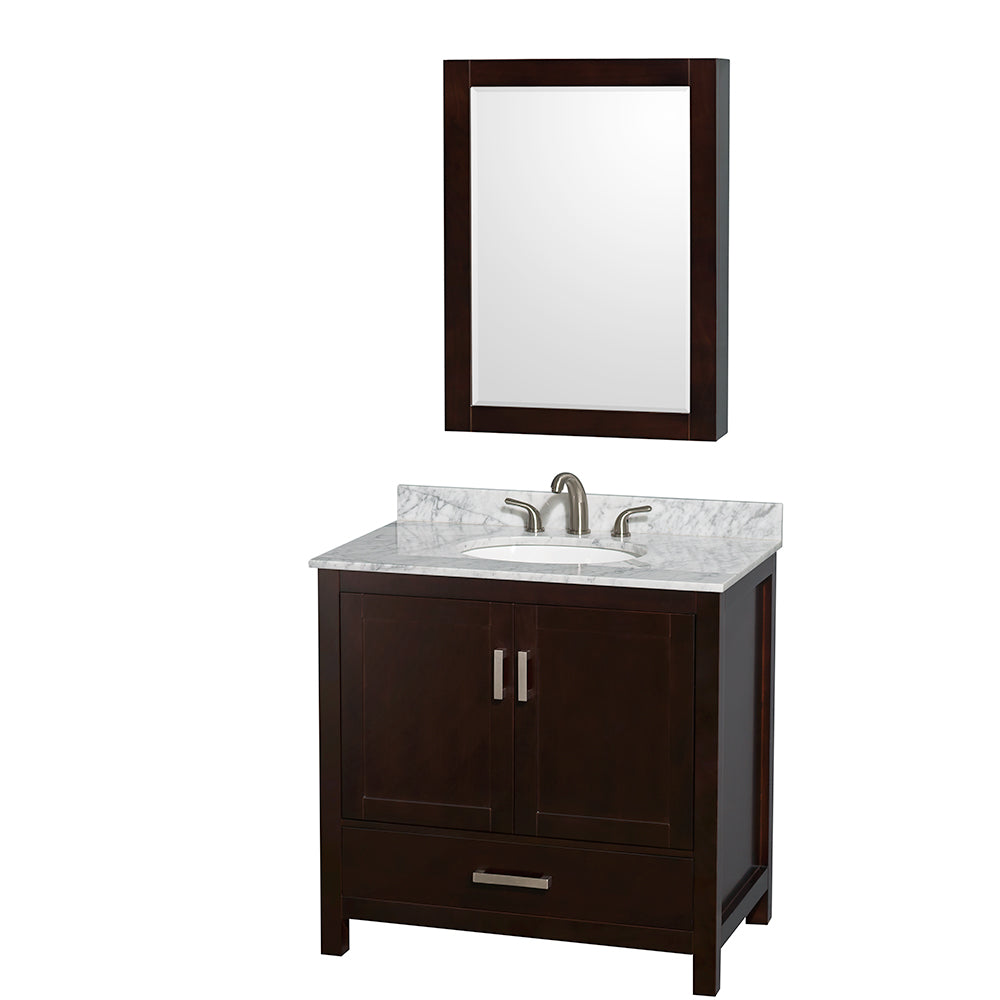 36 inch Single Bathroom Vanity in Espresso, White Carrara Marble Countertop, Undermount Oval Sink, and Medicine Cabinet - Luxe Bathroom Vanities Luxury Bathroom Fixtures Bathroom Furniture