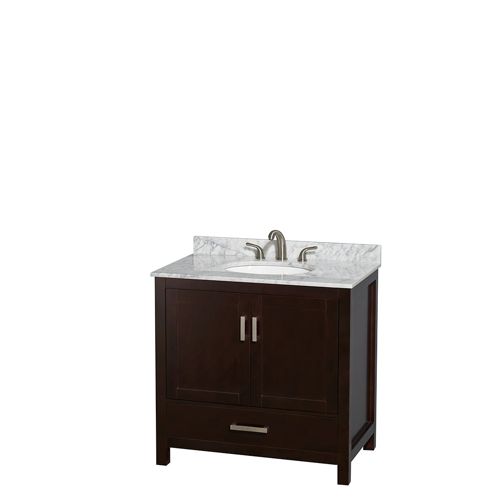 36 inch Single Bathroom Vanity in Espresso, White Carrara Marble Countertop, Undermount Oval Sink, and 24 inch Mirror - Luxe Bathroom Vanities Luxury Bathroom Fixtures Bathroom Furniture