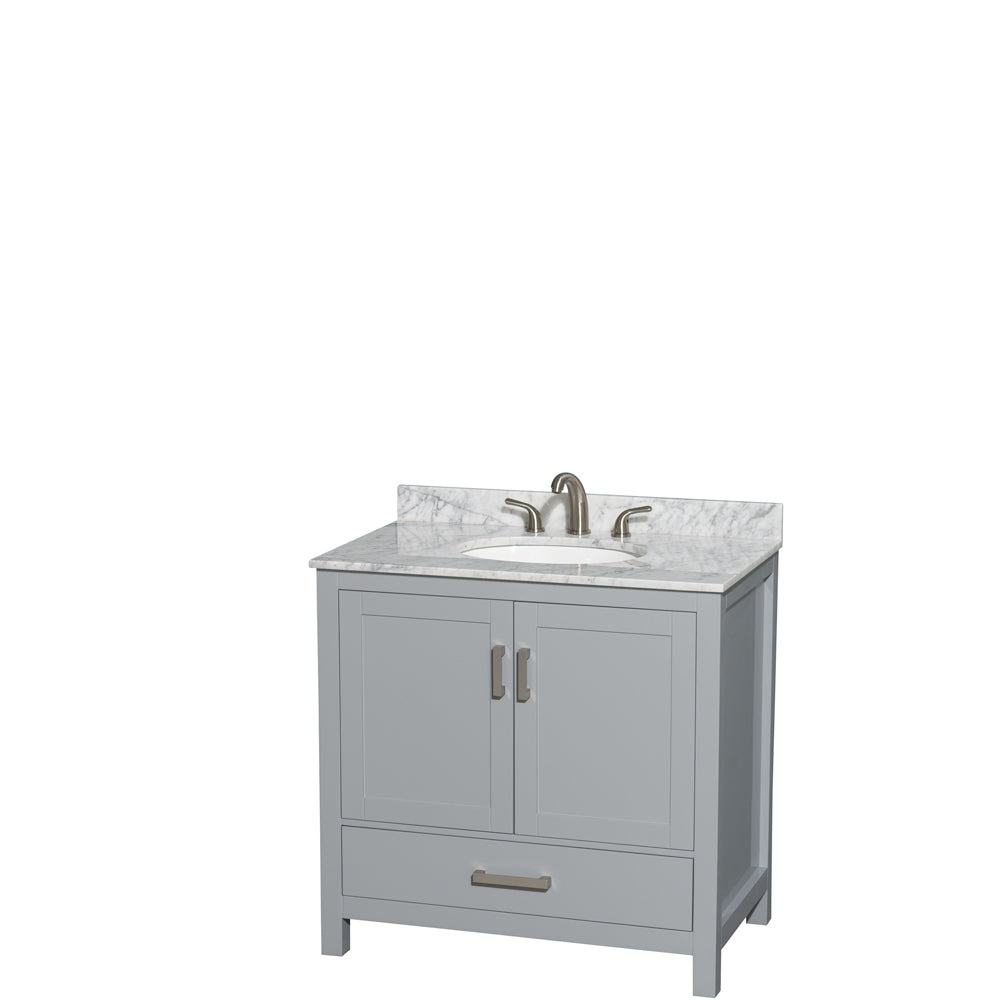 36 inch Single Bathroom Vanity in Gray, White Carrara Marble Countertop, Undermount Oval Sink, and No Mirror - Luxe Bathroom Vanities Luxury Bathroom Fixtures Bathroom Furniture
