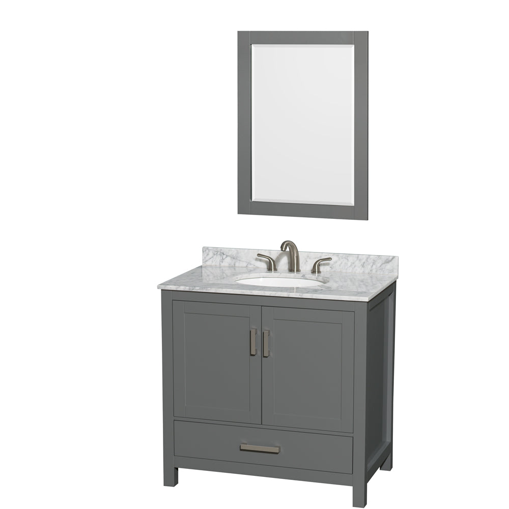 36 inch Single Bathroom Vanity in Dark Gray, White Carrara Marble Countertop, Undermount Oval Sink, and 24 inch Mirror - Luxe Bathroom Vanities Luxury Bathroom Fixtures Bathroom Furniture