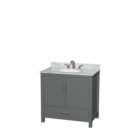 36 inch Single Bathroom Vanity in Dark Gray, White Carrara Marble Countertop, Undermount Oval Sink, and No Mirror - Luxe Bathroom Vanities Luxury Bathroom Fixtures Bathroom Furniture