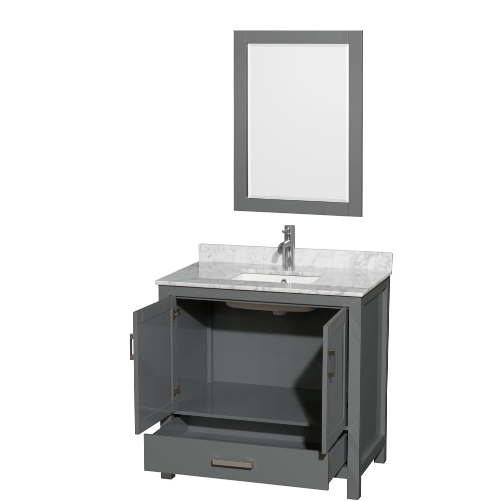 36 inch Single Bathroom Vanity in Dark Gray, White Carrara Marble Countertop, Undermount Square Sink, and 24 inch Mirror - Luxe Bathroom Vanities Luxury Bathroom Fixtures Bathroom Furniture
