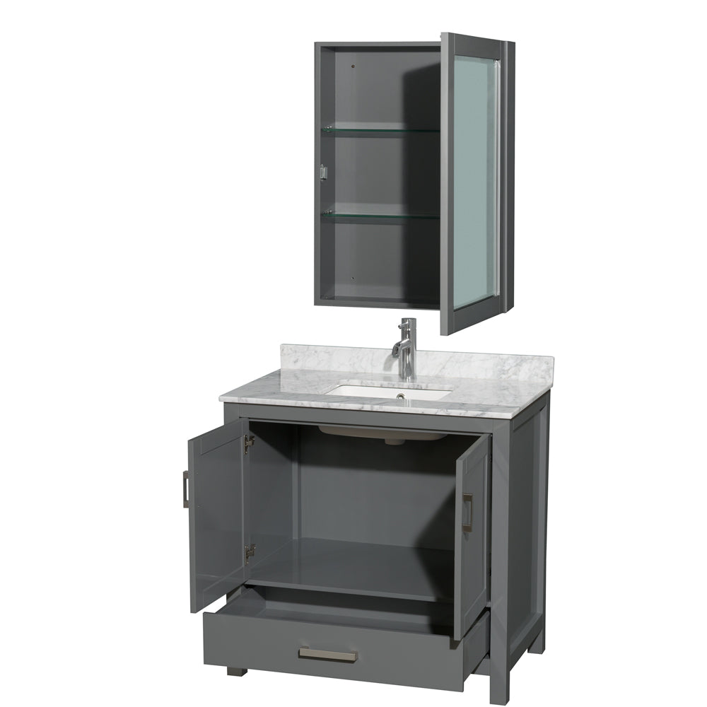 36 inch Single Bathroom Vanity in Dark Gray, White Carrara Marble Countertop, Undermount Square Sink, and Medicine Cabinet - Luxe Bathroom Vanities Luxury Bathroom Fixtures Bathroom Furniture