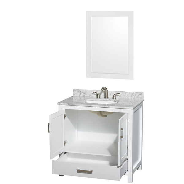 36 inch Single Bathroom Vanity in White, White Carrara Marble Countertop, Undermount Oval Sink, and 24 inch Mirror - Luxe Bathroom Vanities Luxury Bathroom Fixtures Bathroom Furniture