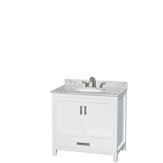 36 inch Single Bathroom Vanity in White, White Carrara Marble Countertop, Undermount Oval Sink, and No Mirror - Luxe Bathroom Vanities Luxury Bathroom Fixtures Bathroom Furniture