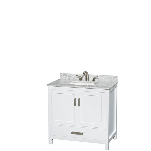 36 inch Single Bathroom Vanity in White, White Carrara Marble Countertop, Undermount Oval Sink, and 24 inch Mirror - Luxe Bathroom Vanities Luxury Bathroom Fixtures Bathroom Furniture