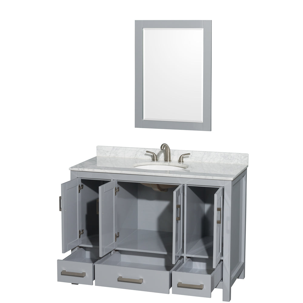 48 inch Single Bathroom Vanity in Gray, White Carrara Marble Countertop, Undermount Oval Sink, and 24 inch Mirror - Luxe Bathroom Vanities Luxury Bathroom Fixtures Bathroom Furniture